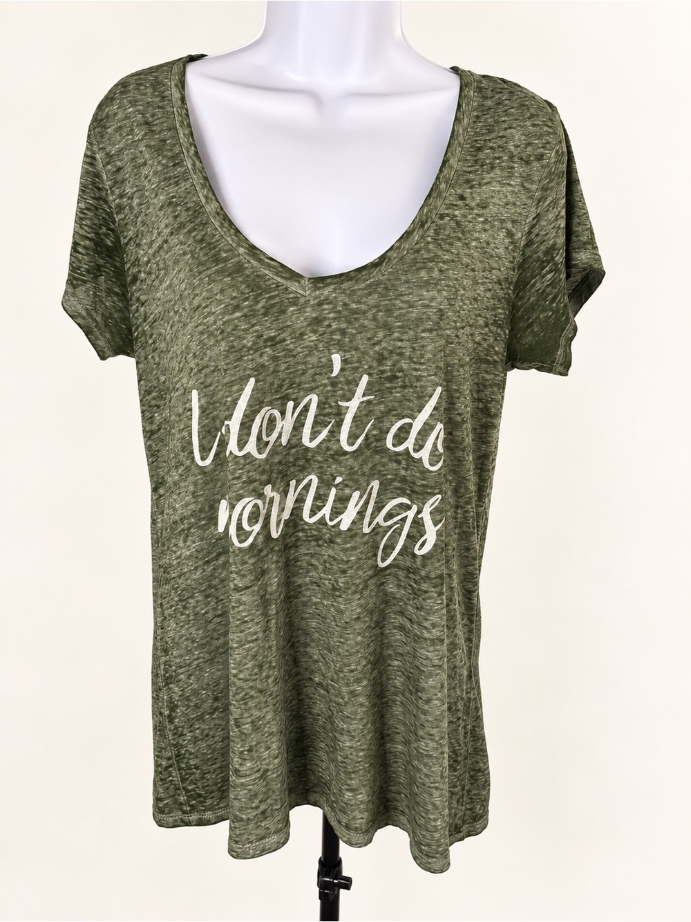 Fifth Sun Olive Green V-Neck Graphic Tee with White Script